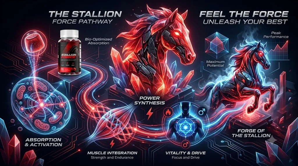 Brand graphic of the Stallion Force pathway: absorption and activation, power synthesis, muscle integration, vitality and drive